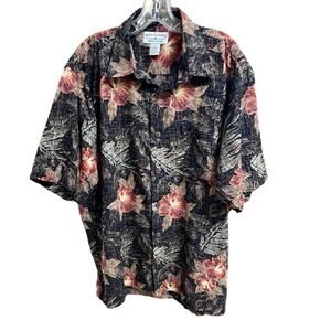 Boca Classics Sz Large tropical Hawaiian camp shirt. Hibiscus and ferns on black